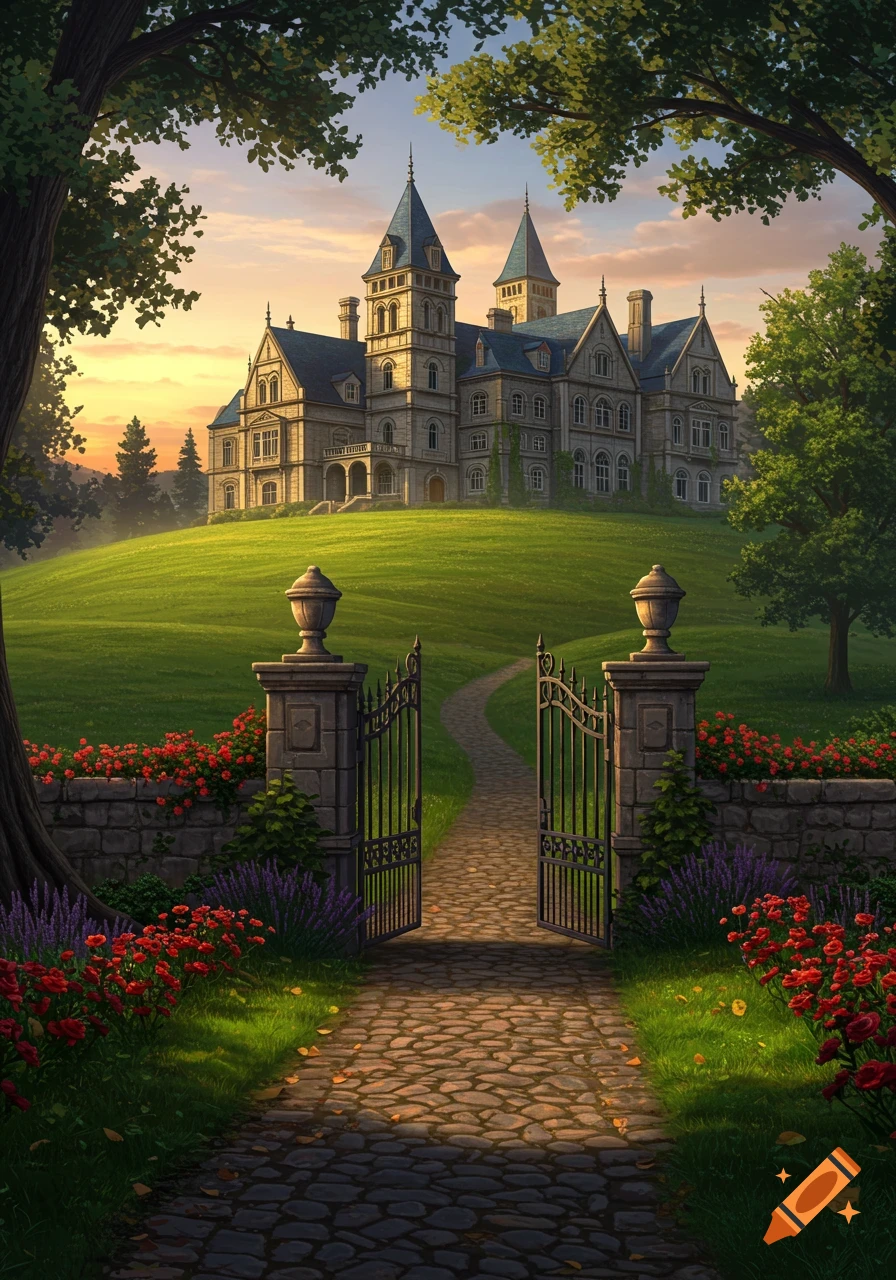 A grand, gothic-style manor sits atop a grassy hill at sunset, viewed through an open iron gate and a flower-lined path, surrounded by trees.