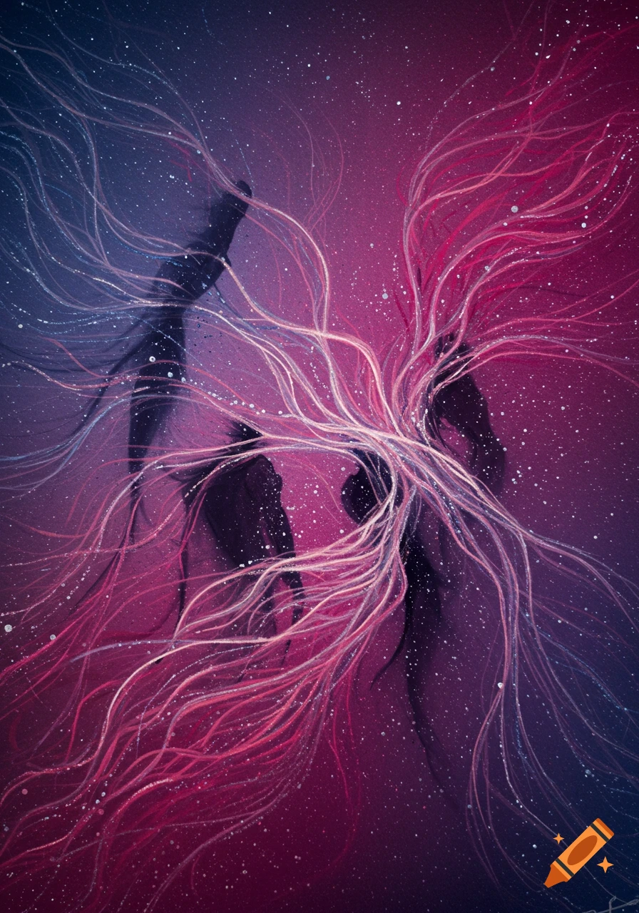 Abstract art with swirling pink and white lines, dark shadowy figures against a cosmic purple and blue background.