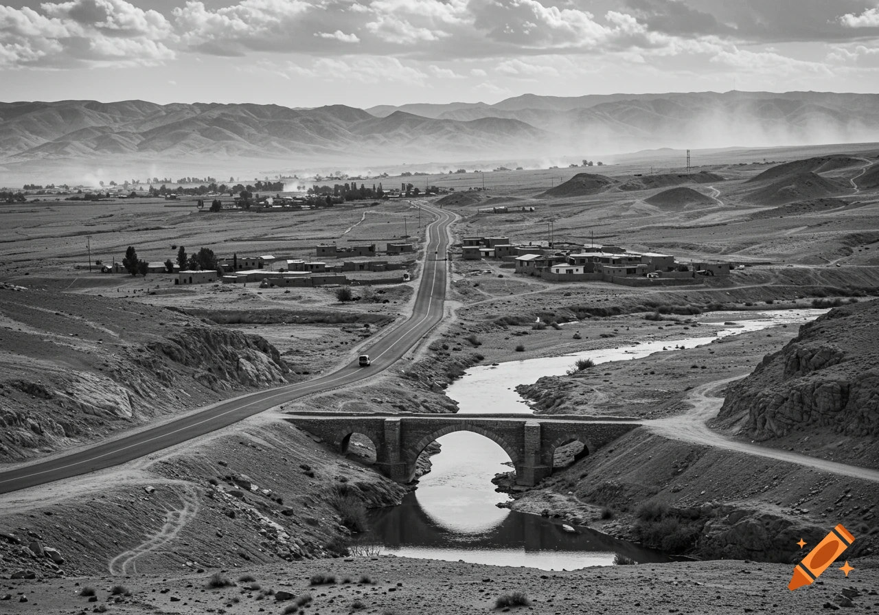 Black and white photo of a winding road and arched bridge over a river, leading to a village amidst arid mountains under a cloudy sky.
