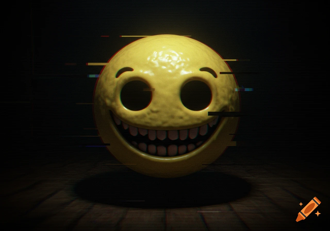 A creepy yellow emoji with hollow black eyes and an unnervingly wide smile, distorted by glitch effects, against a dark background.