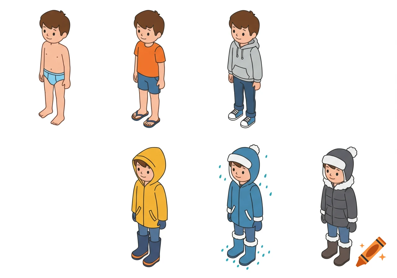 Six isometric cartoon panels show a young boy in different outfits for various weather, from underwear to a winter coat.