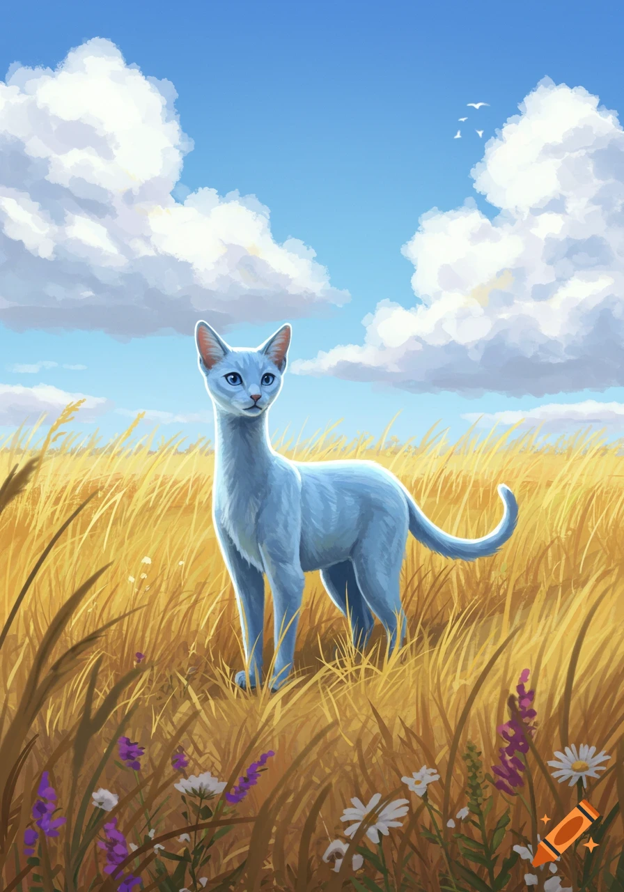 An illustrated sky-blue cat stands in a golden field with purple and white wildflowers under a bright blue sky with white clouds.
