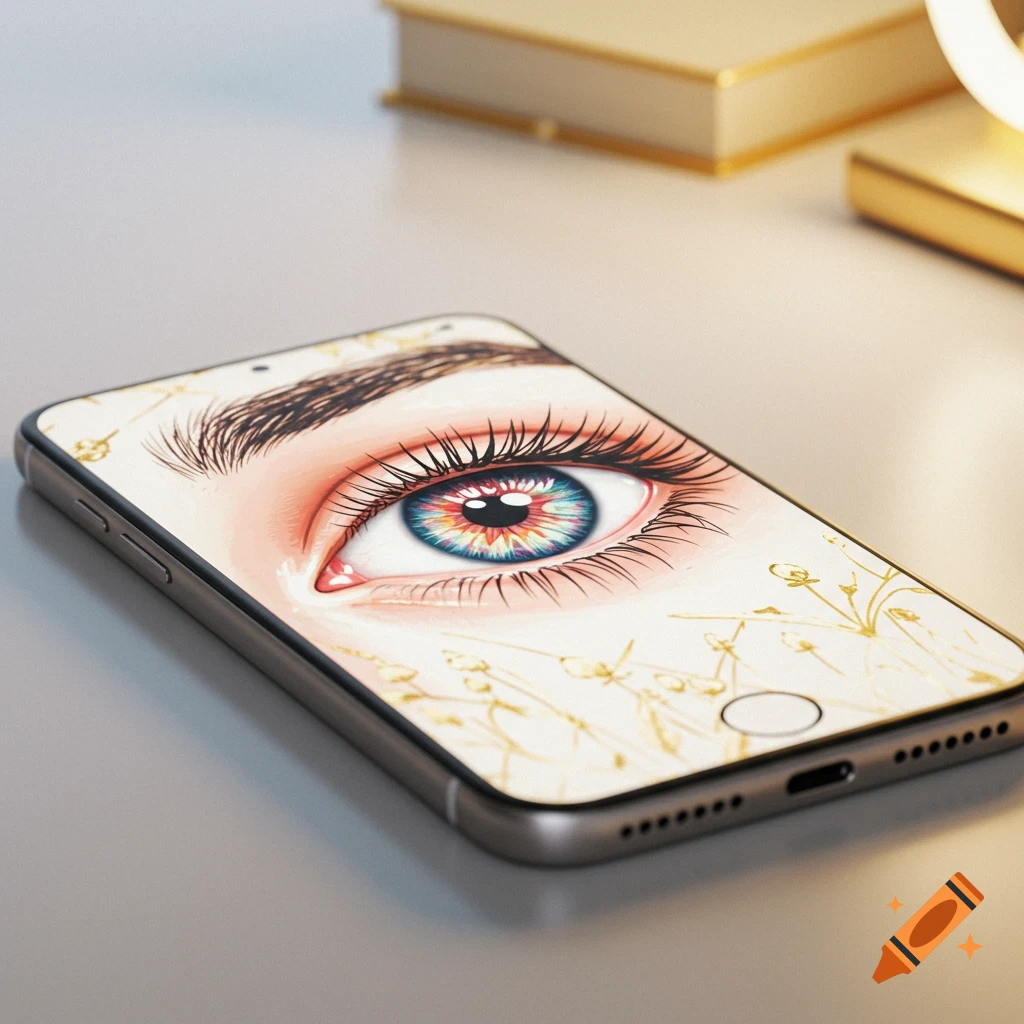 A smartphone displays a vibrant, detailed illustration of an eye with colorful irises and long lashes, surrounded by golden patterns.