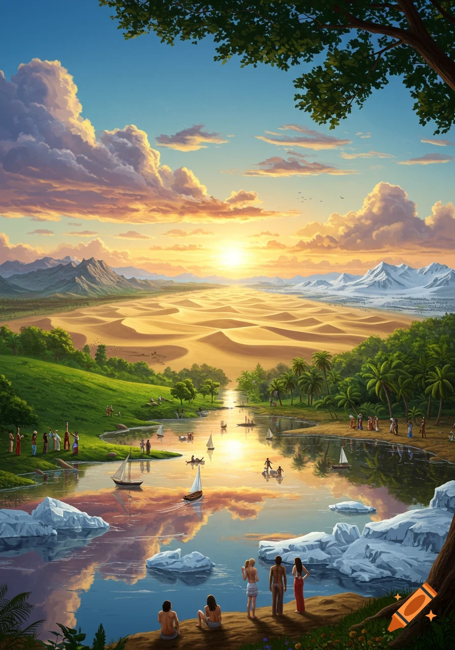 Vibrant fantasy landscape at sunset, with a river, lush green hills, desert dunes, snowy mountains, and diverse people.