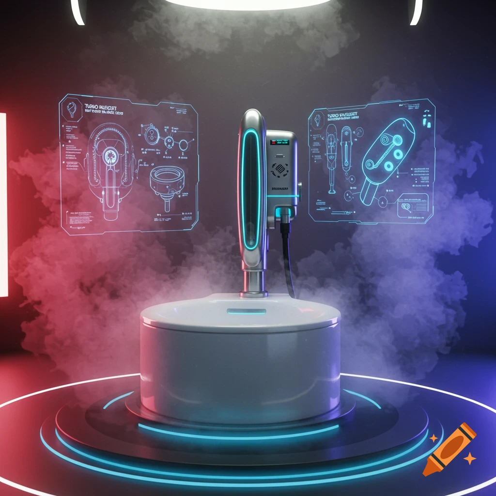 A futuristic 'turbo nugget blaster 3000 bidet' device on a glowing pedestal, surrounded by smoke and flanked by holographic schematics with blue neon accents.