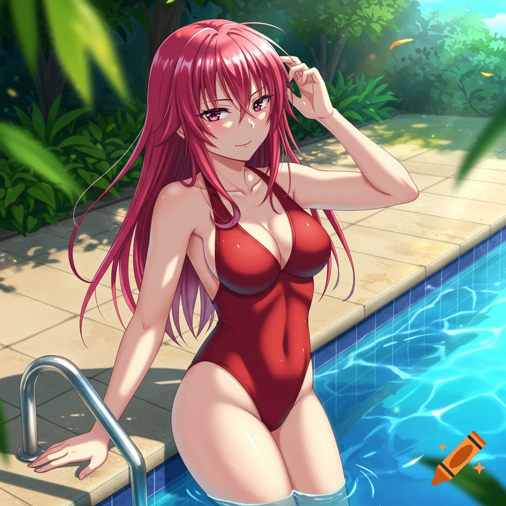 Anime woman with long red hair and purple eyes in a red swimsuit, at a sunny poolside.