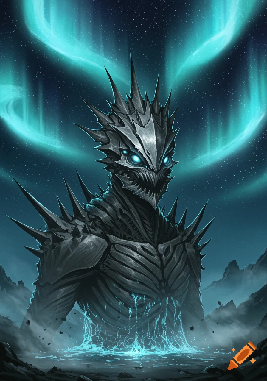 A menacing, spiky, metallic sci-fi creature with glowing blue eyes emerges from glowing liquid under a turquoise aurora.