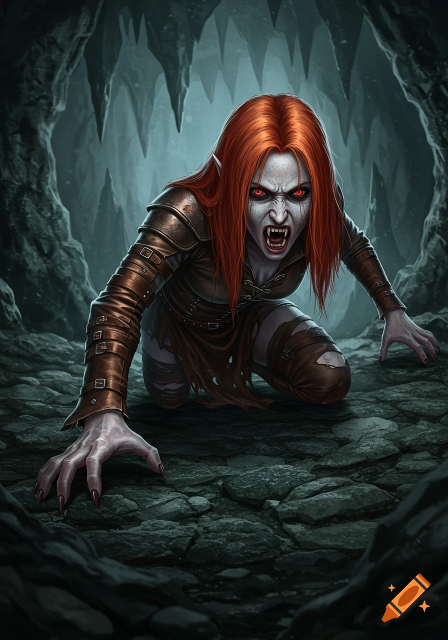 A fierce red-haired vampire woman with red eyes and fangs, wearing tattered leather, crawls menacingly in a dark cave.