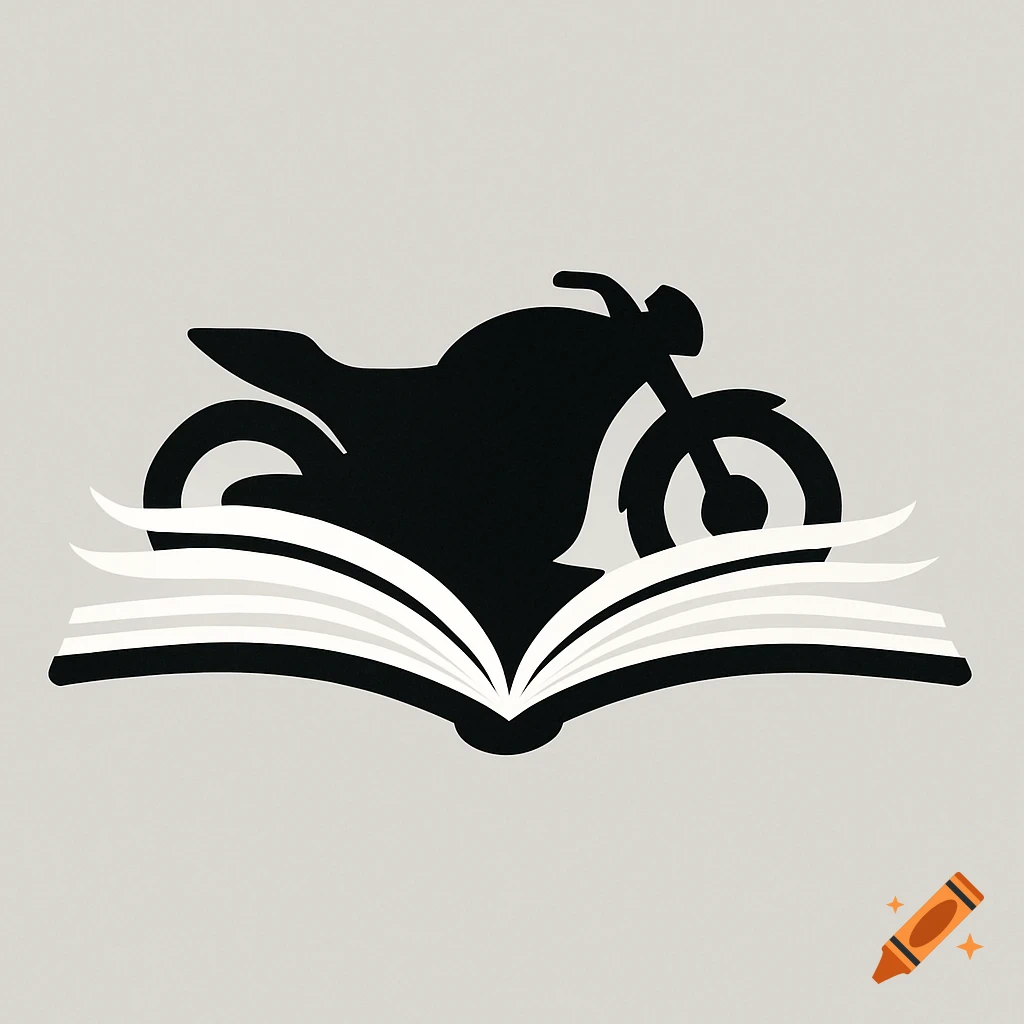 Minimalist logo of a black motorcycle silhouette emerging from an open book on a light gray background.