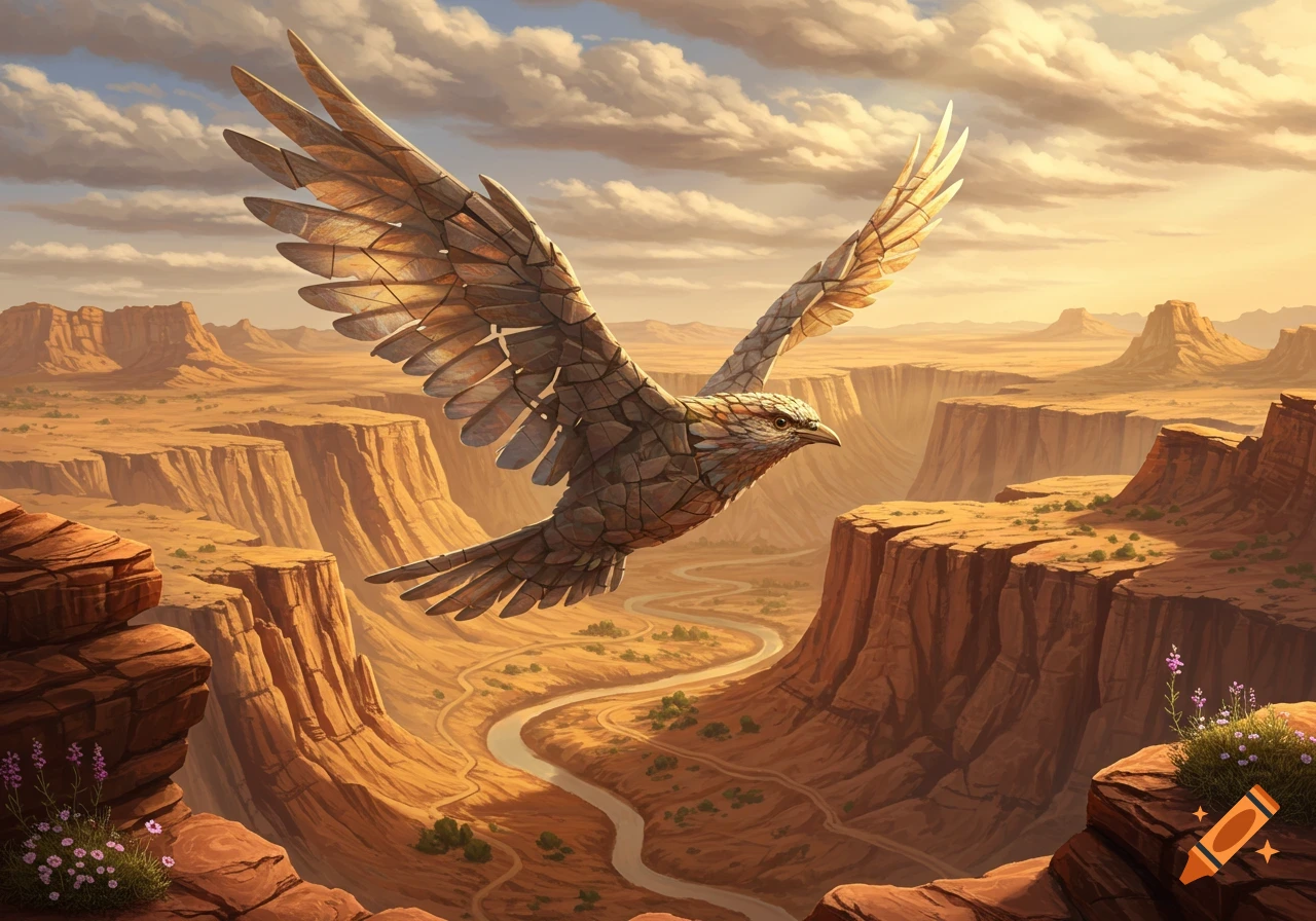 A stylized segmented rock bird soars over a vast, sunlit desert canyon with a winding river, digital painting.