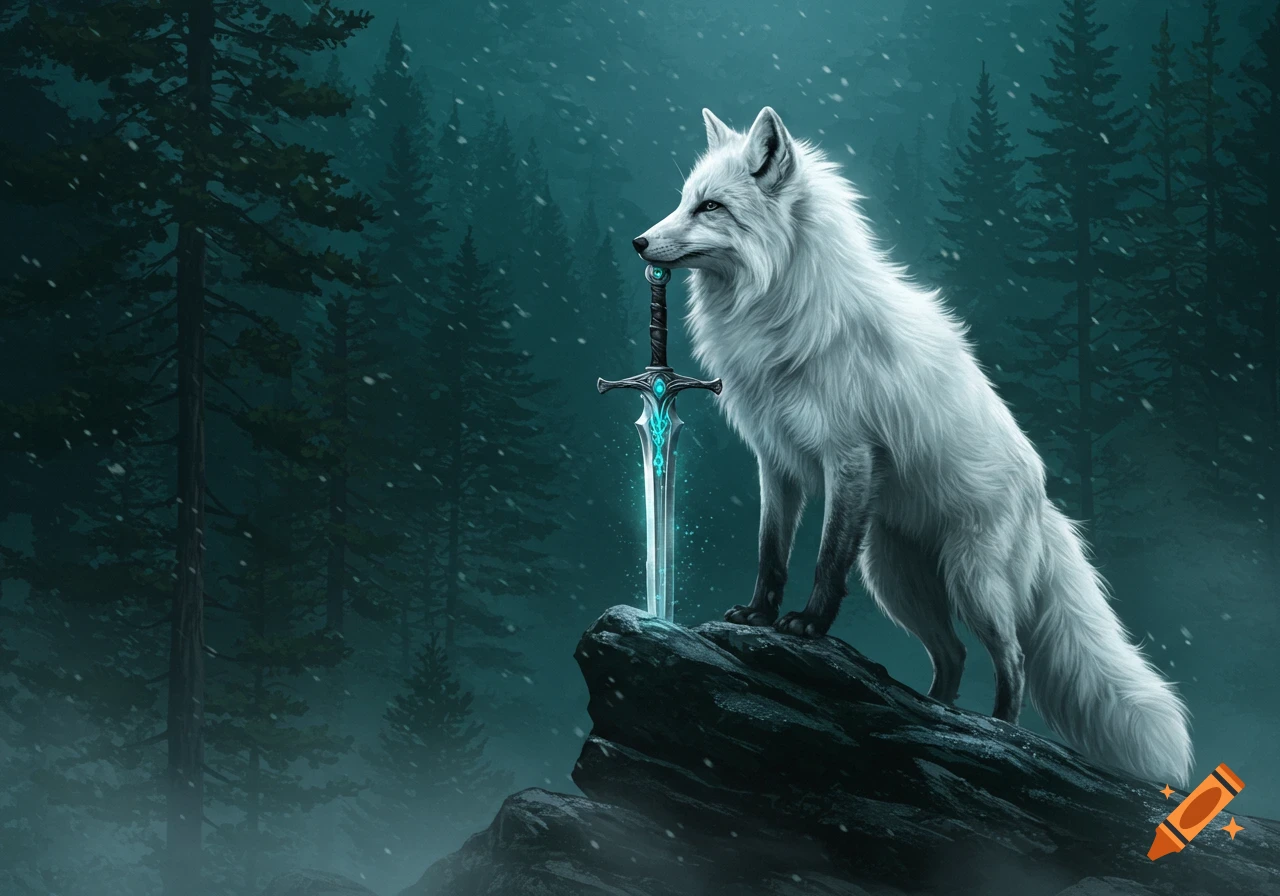 A majestic white fox stands on a snowy rock in a dark forest, holding a glowing blue sword in its mouth.