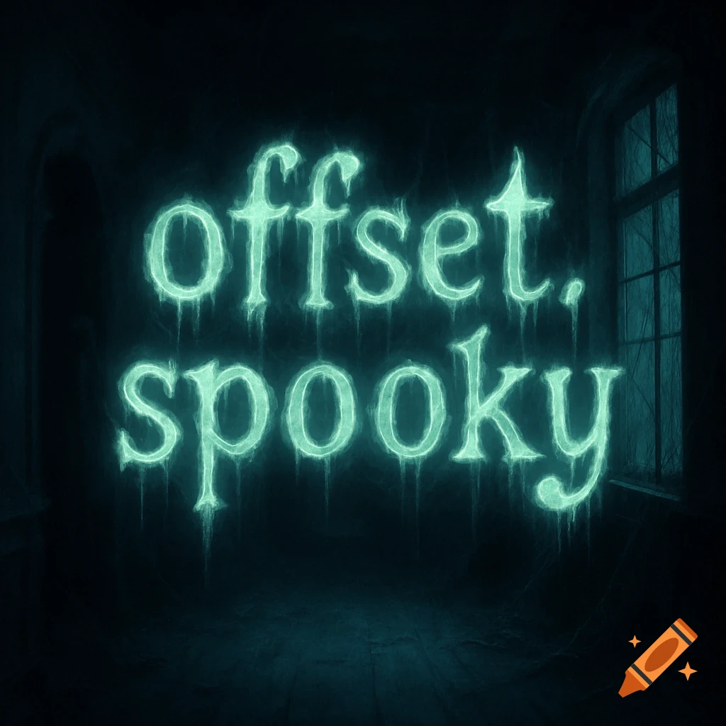 The words 'offset. spooky' glow with an icy, dripping effect in a dark, eerie room.