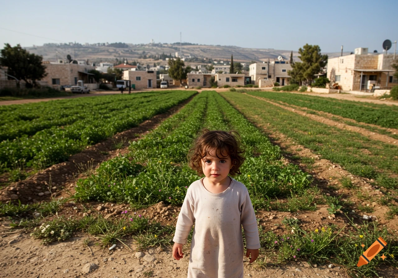 A young child with curly brown hair stands in the foreground of a green agricultural field with a village and hills in the background.