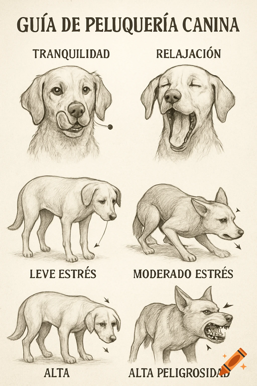 An illustrated guide in sketch style showing six dogs exhibiting behaviors ranging from tranquility to high danger, with Spanish labels for each state.