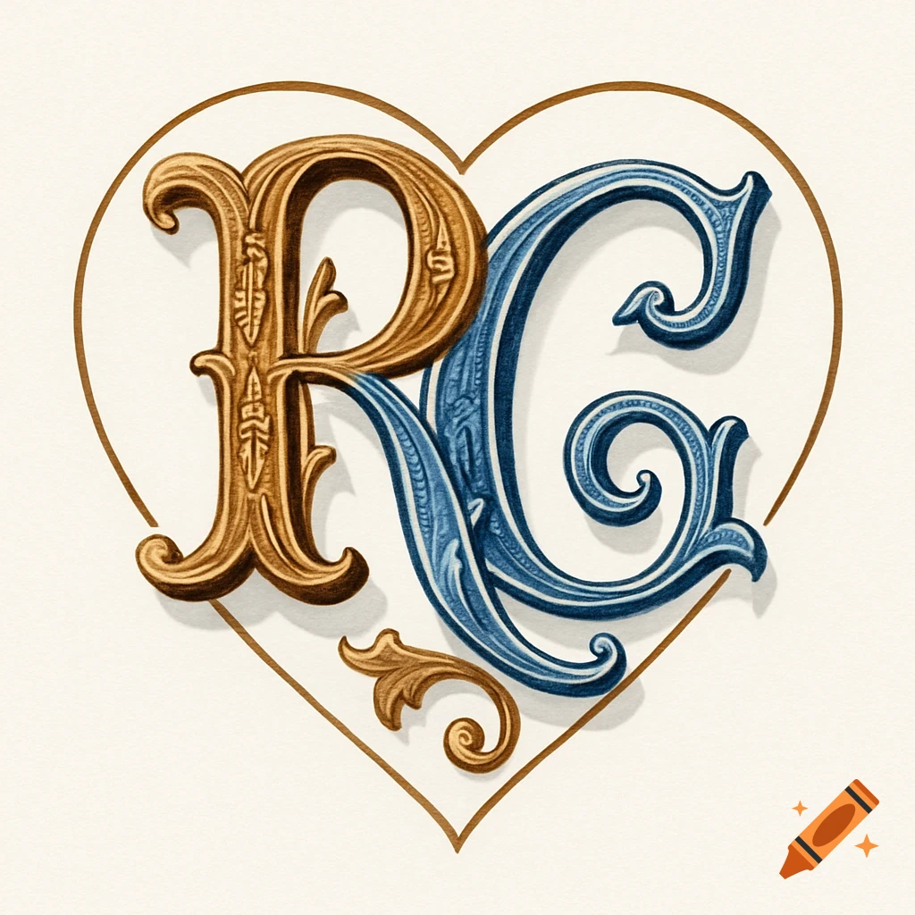 Ornate gold 'R' and blue 'C' intertwined inside a heart, Victorian style, on a white background.