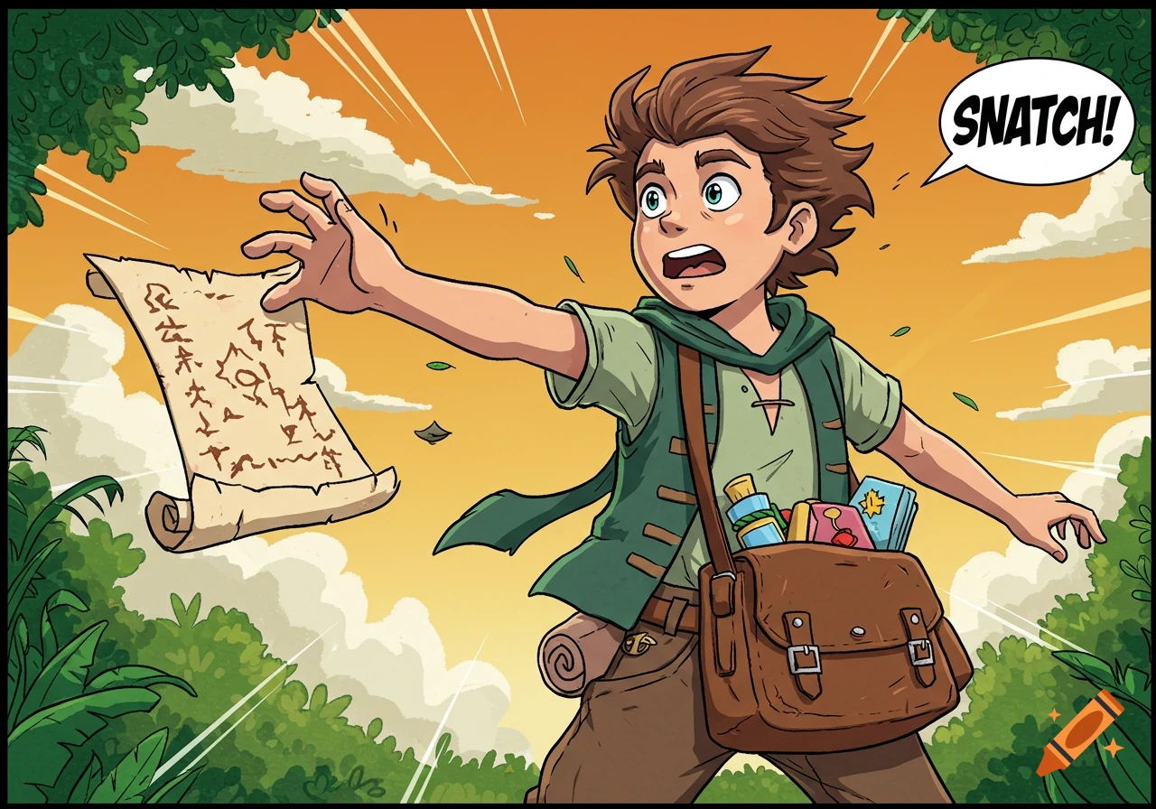 A cartoon boy with a satchel reaches for a scroll in a lush jungle, with a 'SNATCH!' speech bubble.