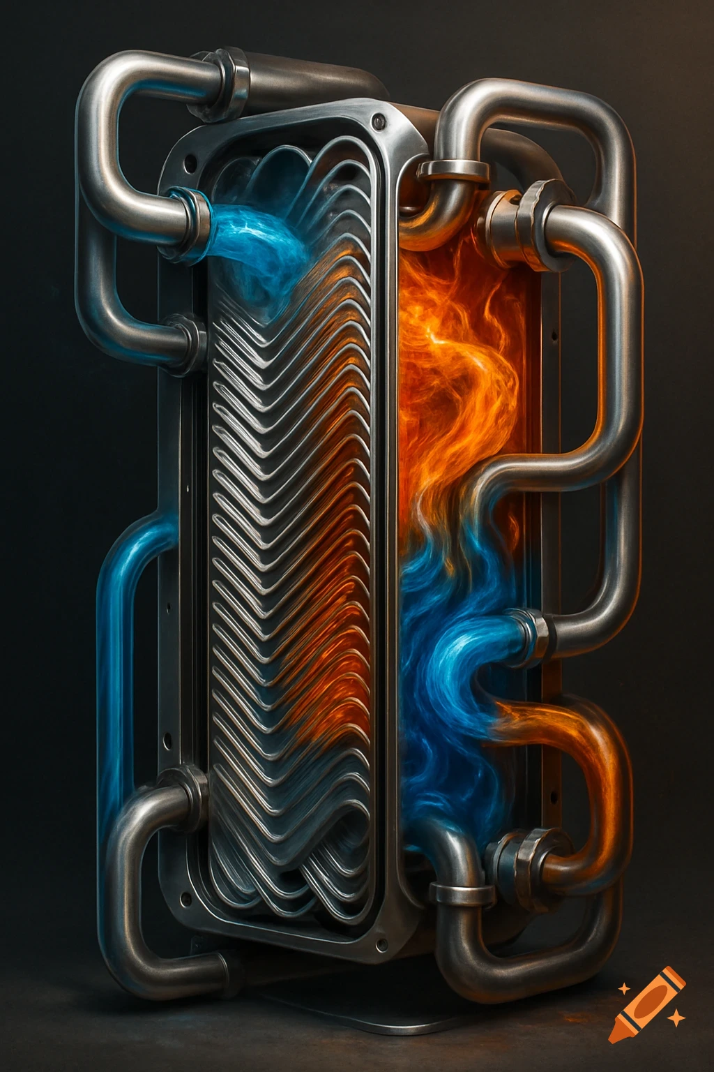 A detailed cross-section of a plate heat exchanger showing glowing blue and orange fluids transferring heat.