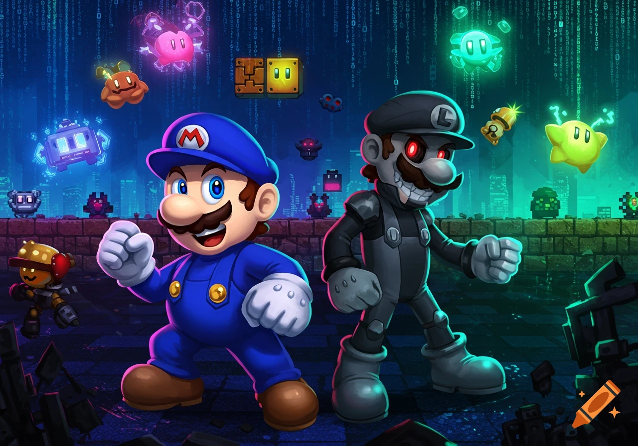 Blue-clad Mario and a cyborg Luigi stand in a neon-lit, digital cityscape with floating glitched enemies and blocks.