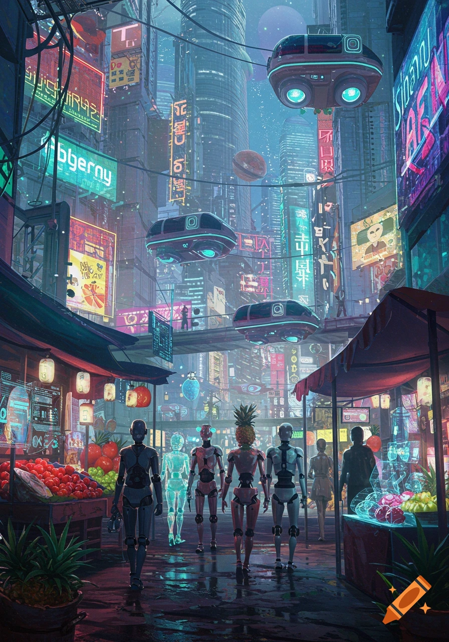 Vibrant cyberpunk city street market at night with robots, neon signs, flying vehicles, and stalls selling produce.