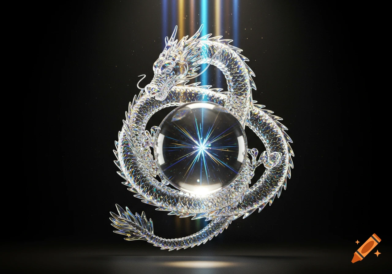 A shimmering crystal dragon wraps around a glowing sphere with light rays, set against a dark background in an artistic 3D render.