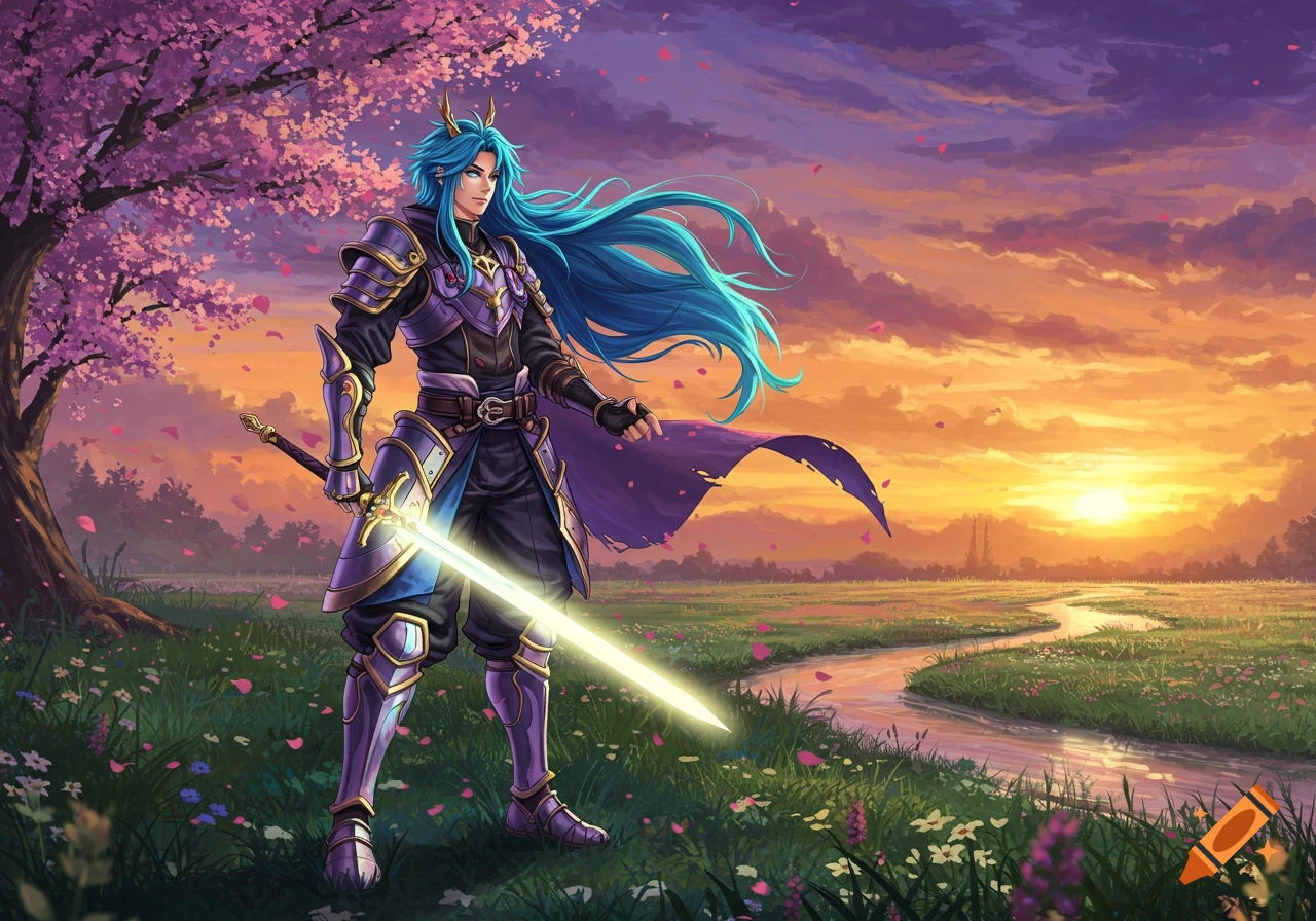 Anime character with blue hair and armor, holding a glowing sword, under a cherry blossom tree at sunset beside a river.