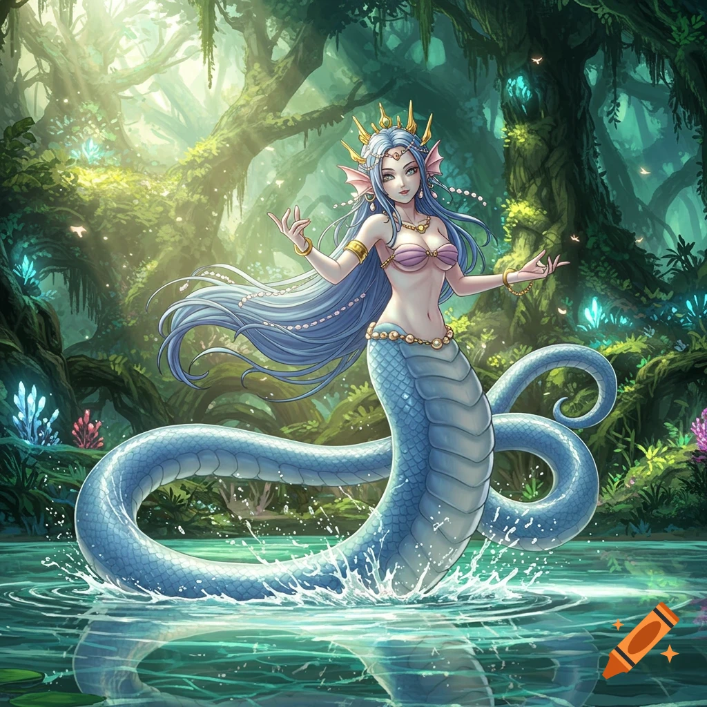 An anime-style siren with blue hair and a light blue snake tail wears a bikini top and golden crown, posing in lush jungle water.