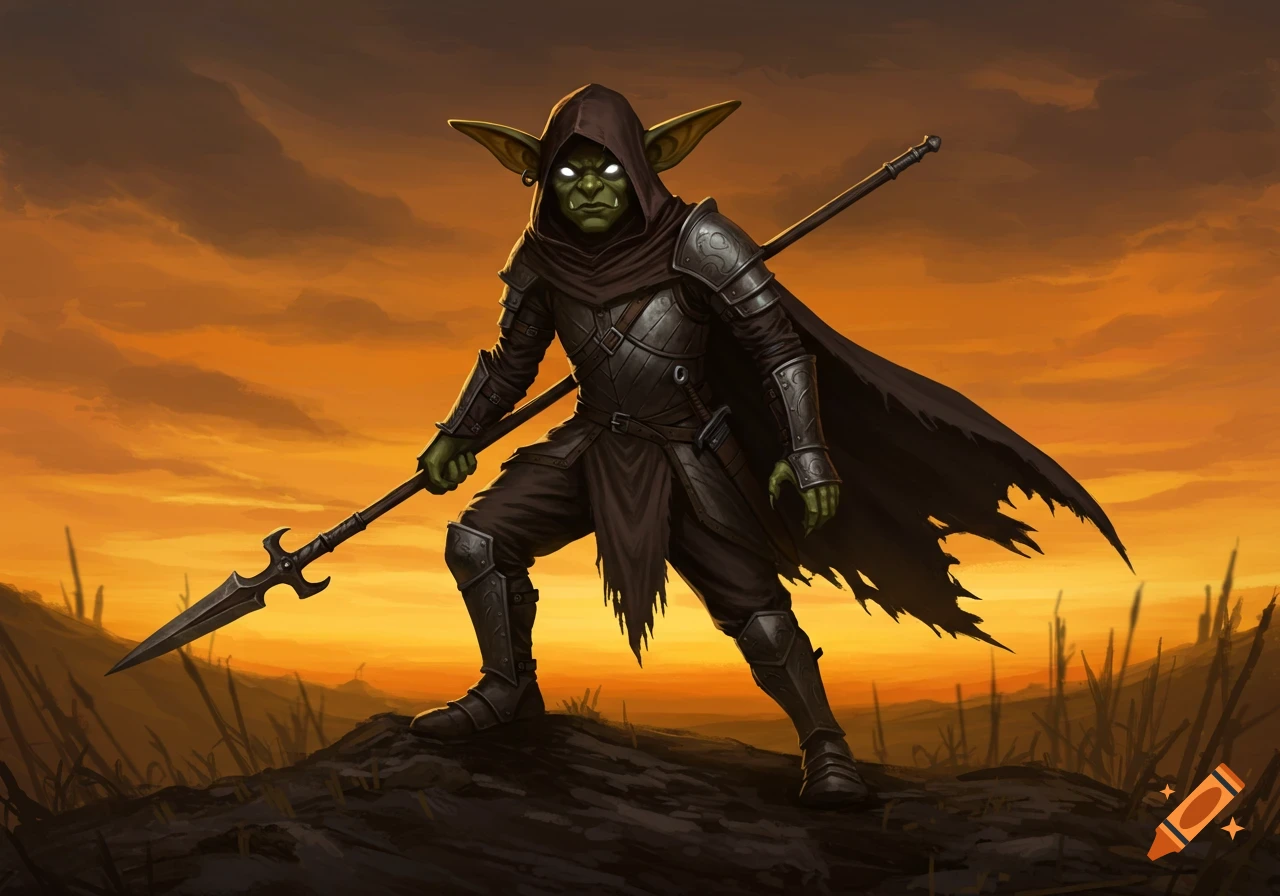 A fantasy goblin rogue in dark hooded cloak and armor with glowing eyes, standing on a barren hill at sunset, holding a spear.