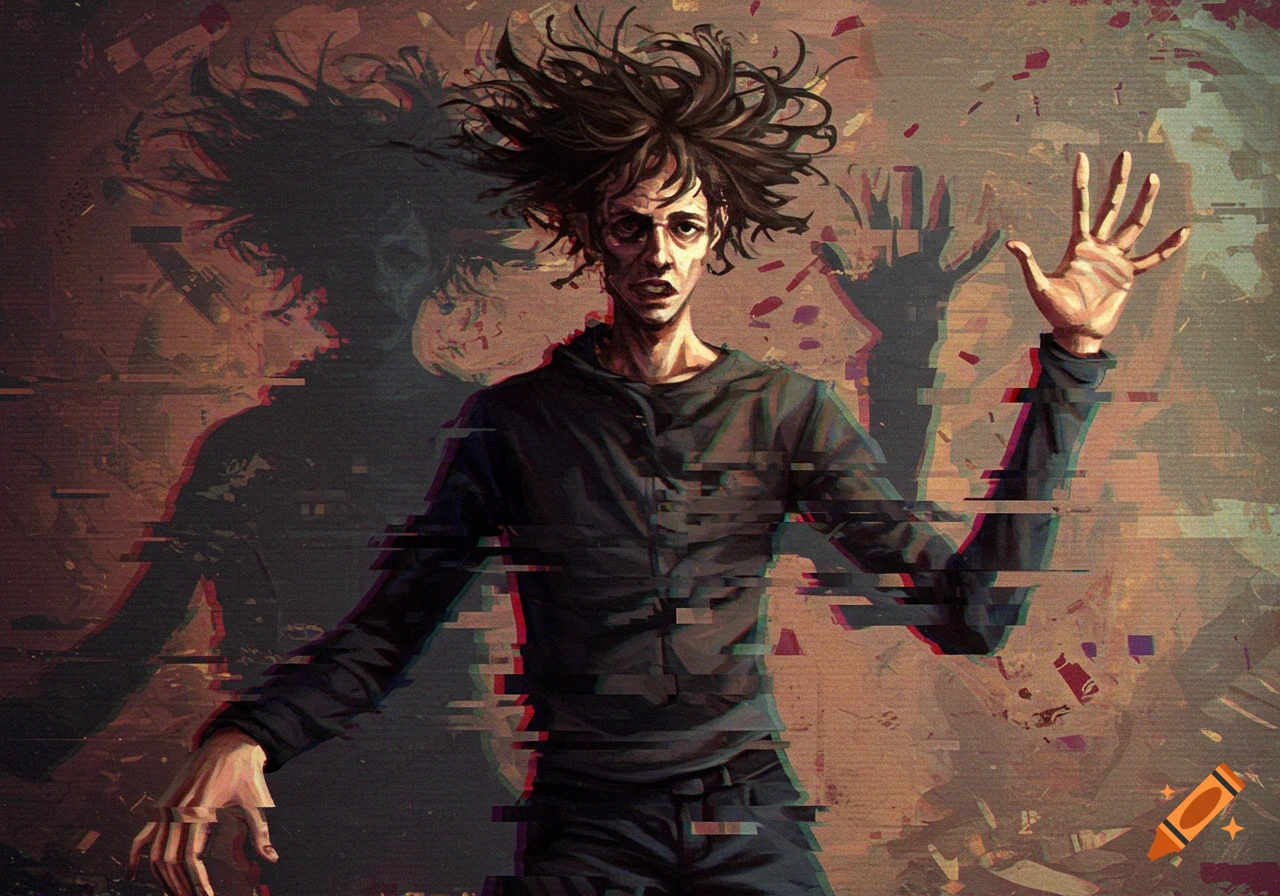 Distorted, glitchy man with wild hair and outstretched hands in a surreal, dark digital art style.