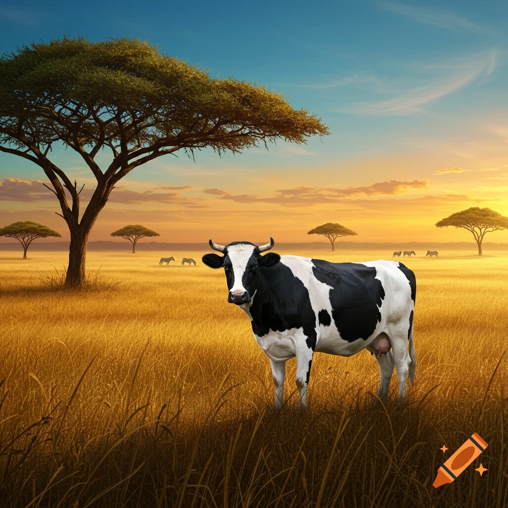 A black and white cow stands in a golden savanna field at sunset, with acacia trees and distant zebras, in a photorealistic style.