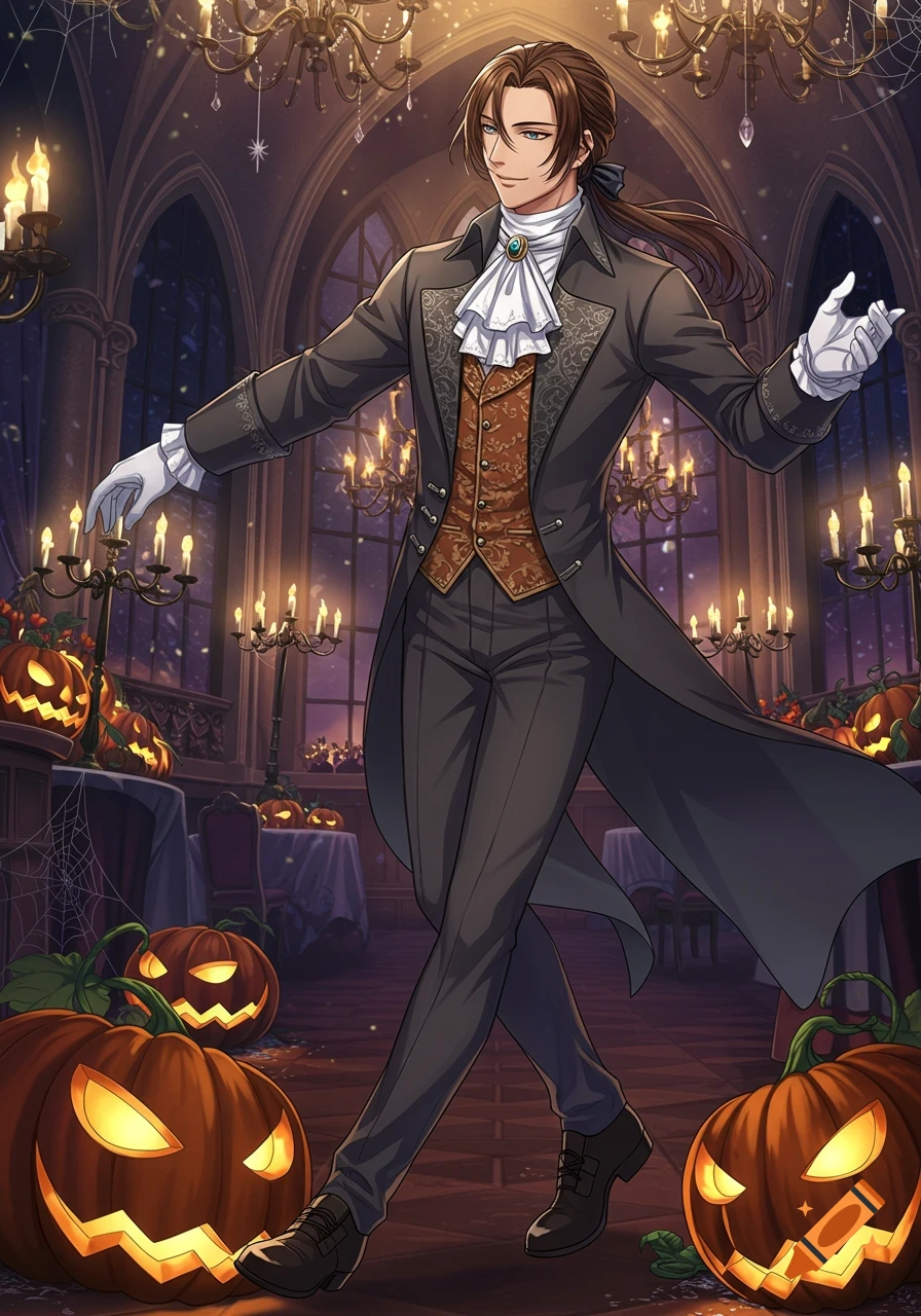 Anime man in 19th-century clothes and white gloves posing in a Halloween-themed ballroom filled with jack-o'-lanterns.