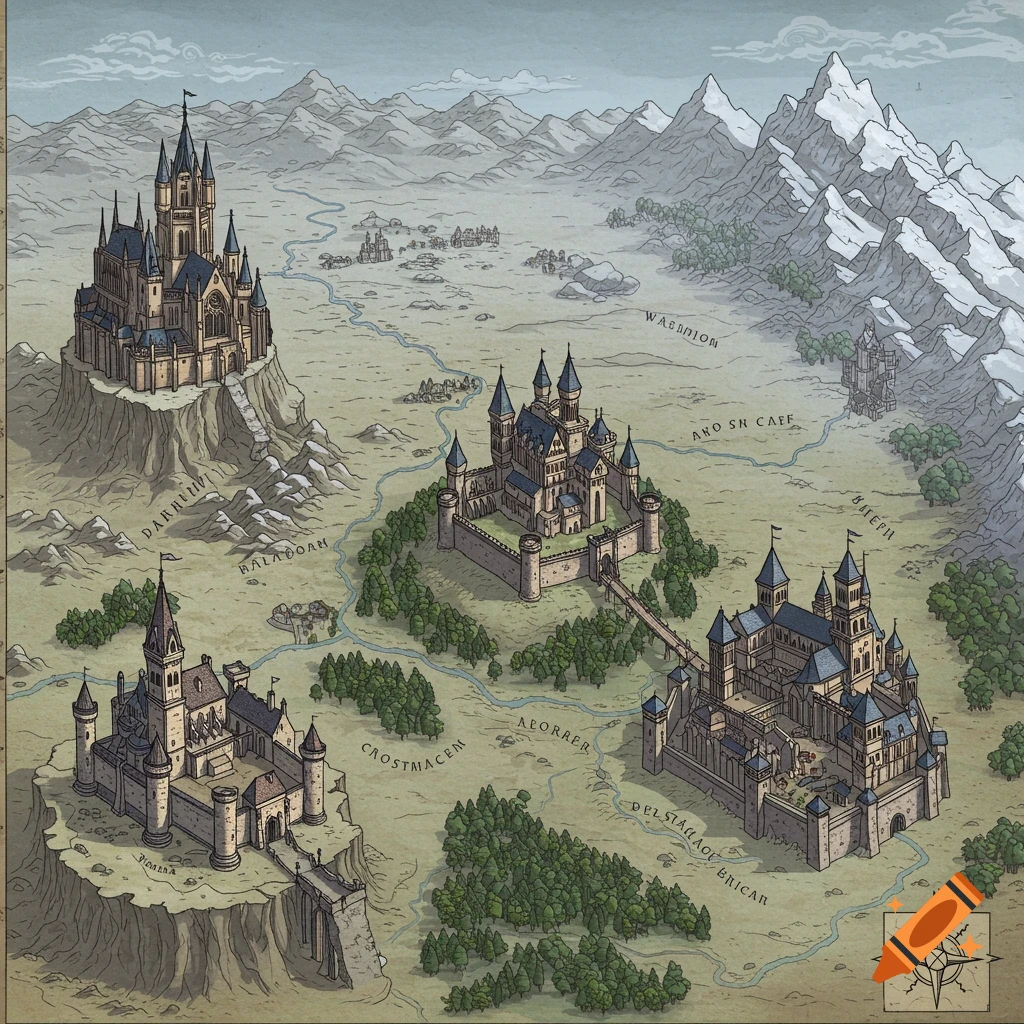 A fantasy map depicts three large, detailed castles situated among rivers, forests, and snowy mountains under a cloudy sky.