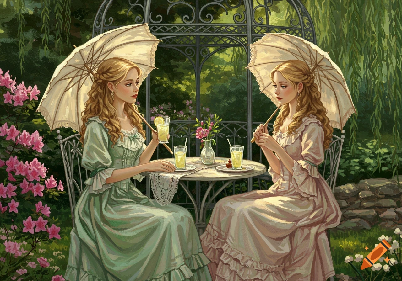 Two blonde women in Victorian dresses sit in a lush garden gazebo, holding parasols and drinking lemonade.