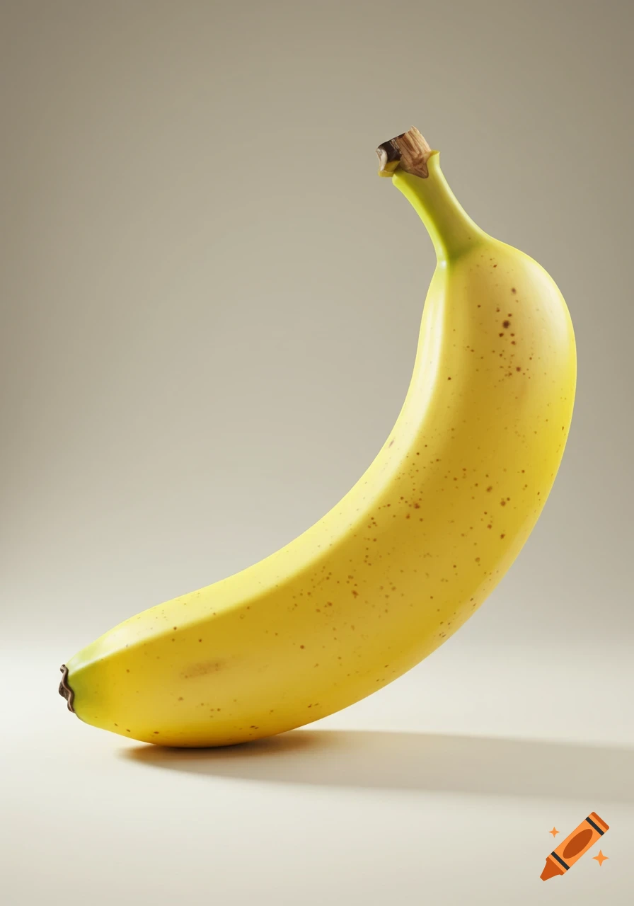 A single ripe yellow banana with brown speckles and a green stem on a light grey background.