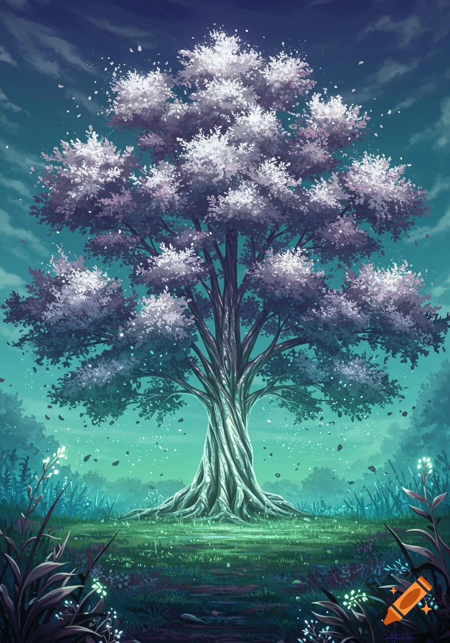 A majestic tree with glowing white-purple leaves stands in a mystical teal and green forest, with petals falling. Stylized fantasy art.