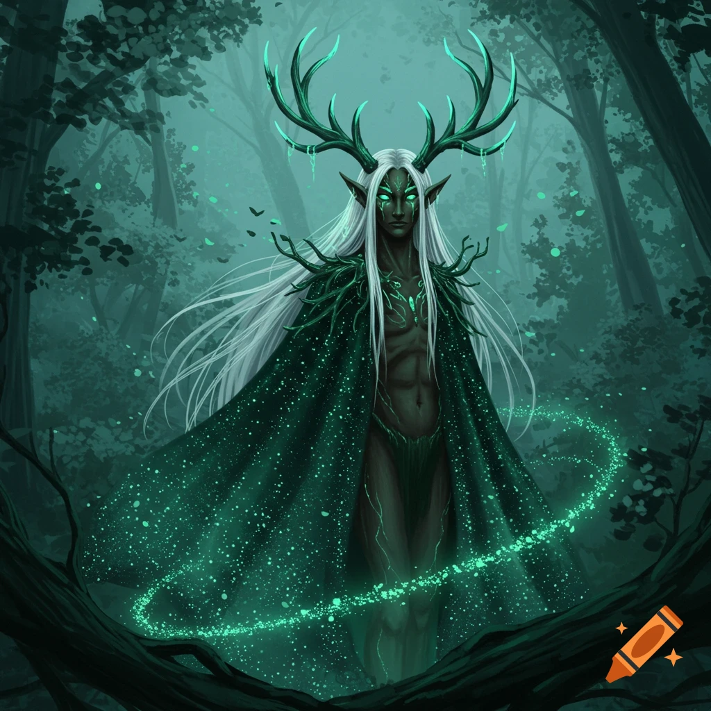 Digital painting of a dark-skinned, elf-like being with glowing green eyes and antlers, long white hair, and a dark green magical cloak, standing in a mystical forest.