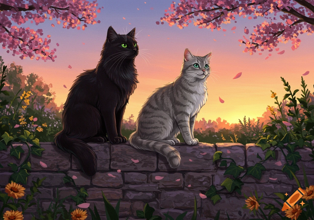 A stylized illustration of a black cat and a gray tabby cat with green eyes on a brick wall at sunset, with cherry blossoms.