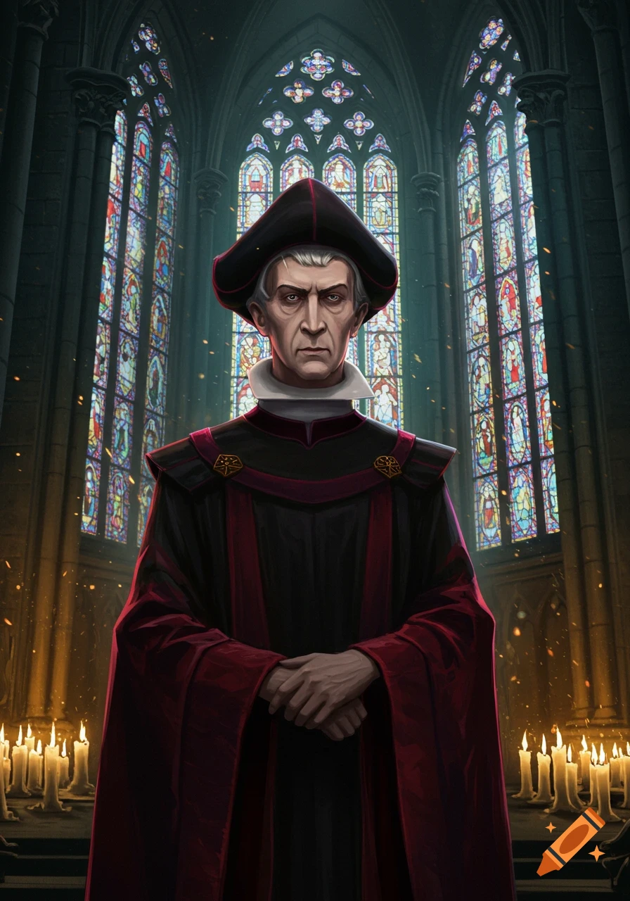 A stern man in dark clerical robes and a hat stands in a gothic cathedral with stained glass and lit candles, in an illustrative style.