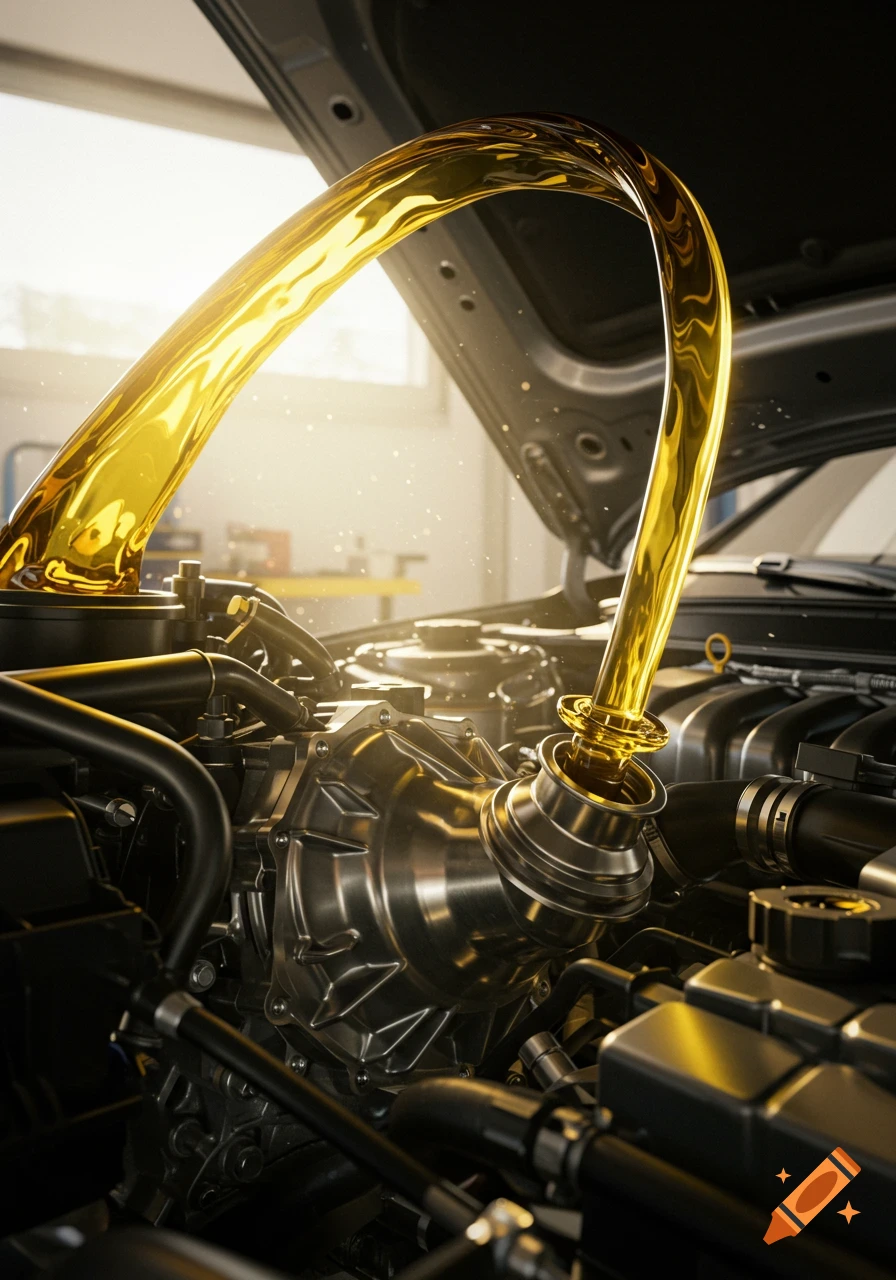 Golden oil flowing into a car engine with the hood open, showcasing detailed automotive parts in a photorealistic style.