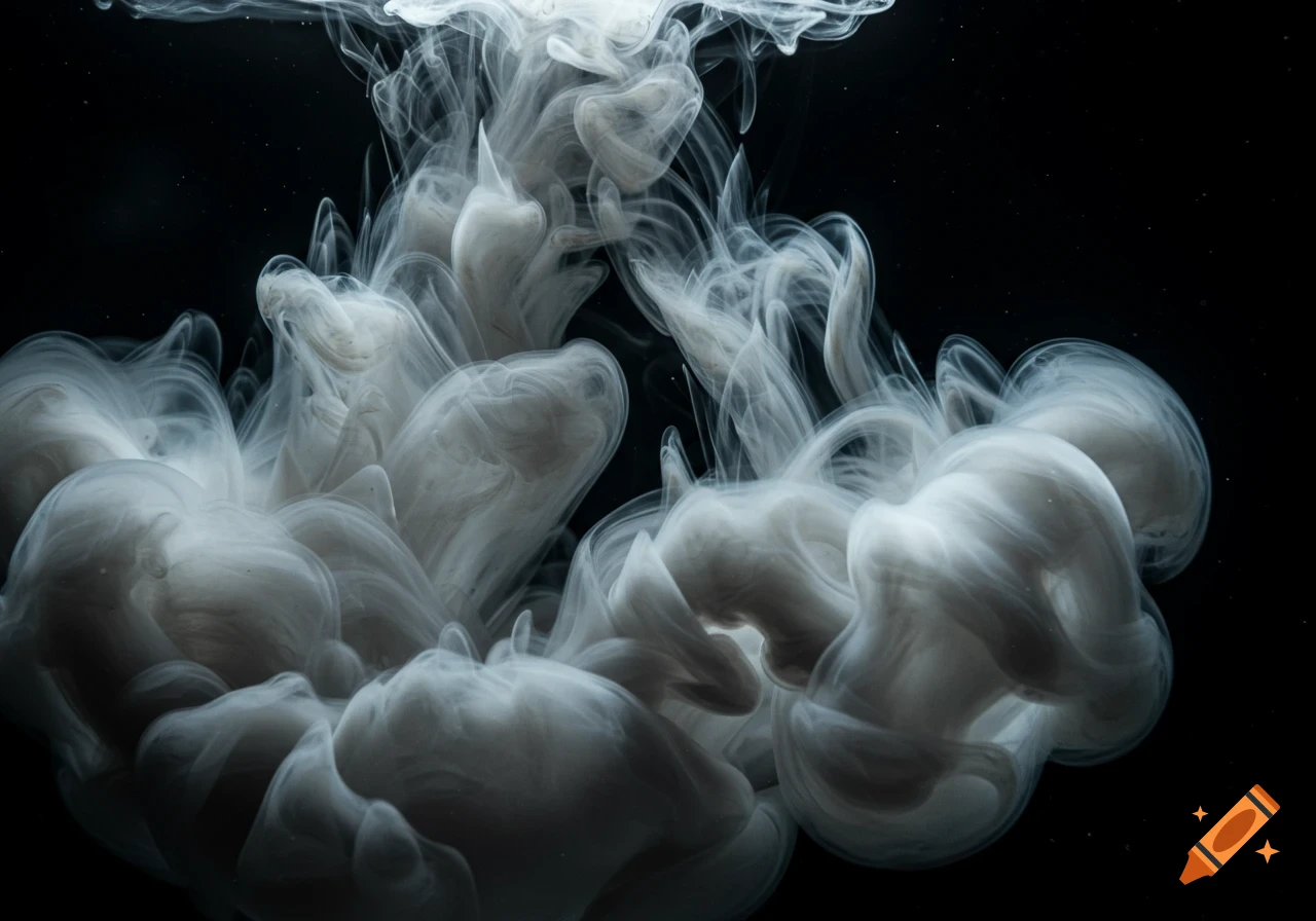 White and grey smoke-like fluid plumes swirling abstractly in dark water with fine details and dramatic contrast.
