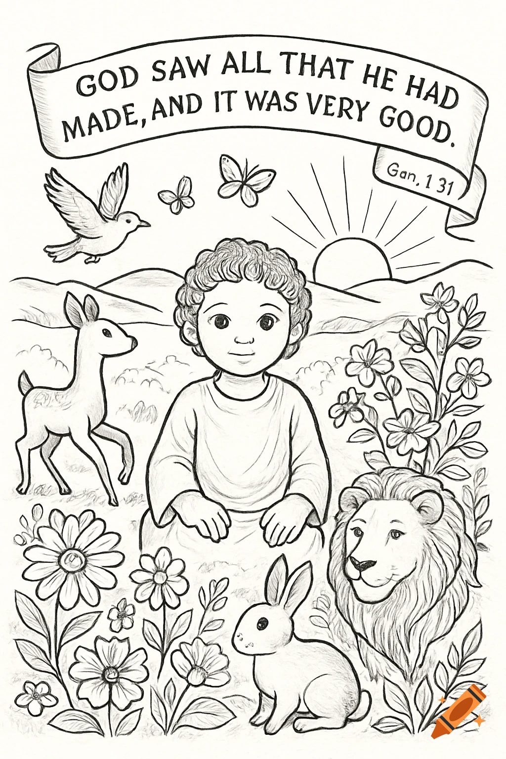 A black and white coloring page of a child surrounded by various animals and flowers, with a banner quote.
