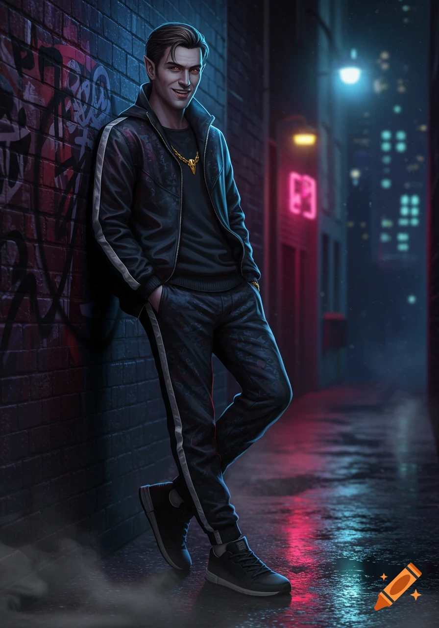 Smirking vampire man in a black tracksuit leans against a graffiti wall in a dark, neon-lit alley at night, digital illustration.