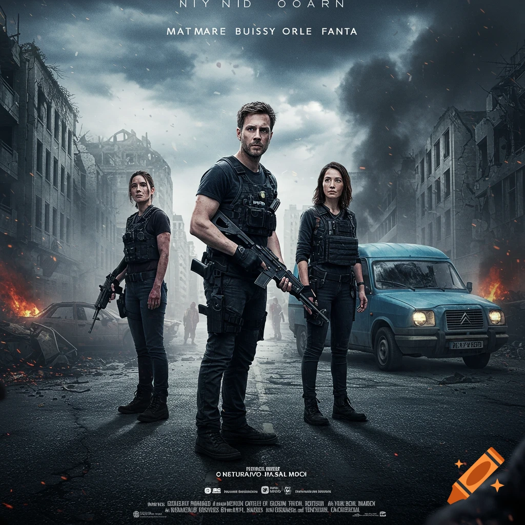 Three armed survivors in tactical gear stand in a ruined city street under dark skies, like a movie poster for a post-apocalyptic action film. A blue van is behind them.