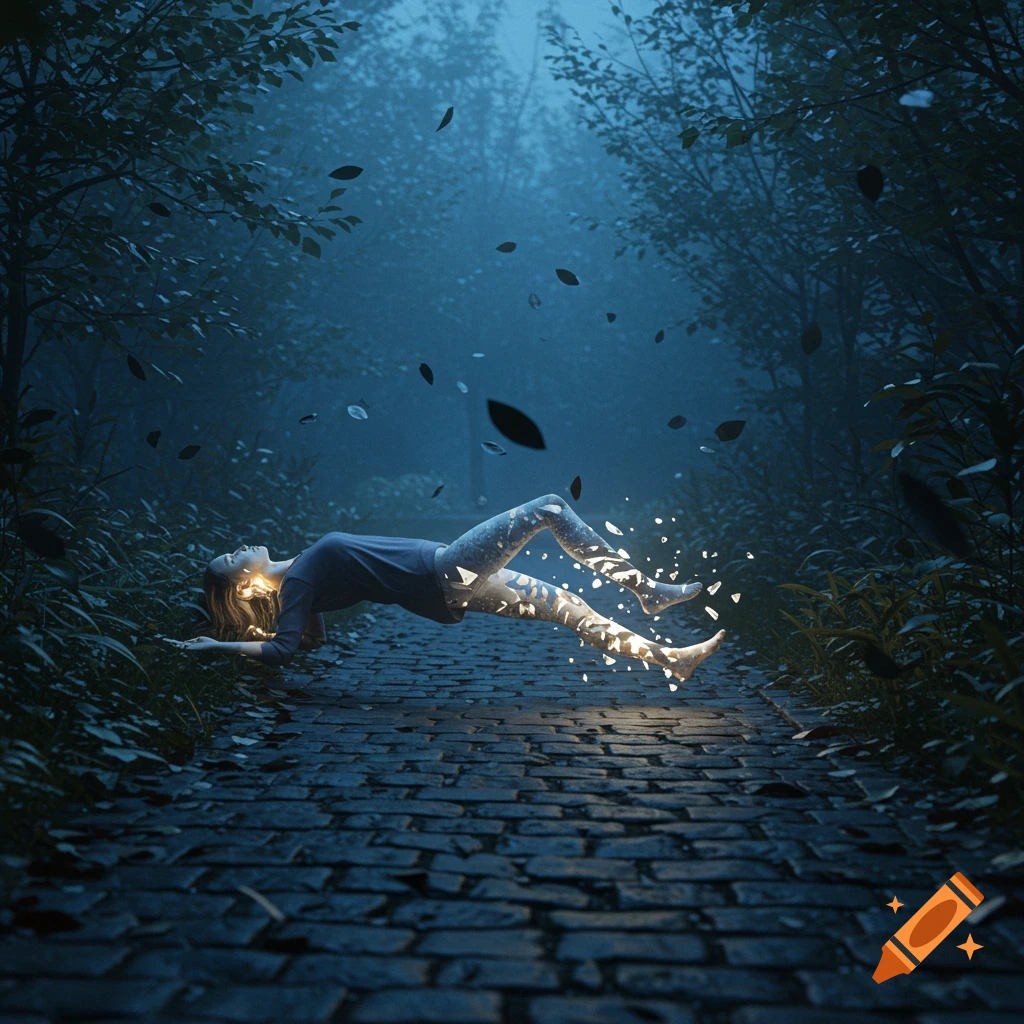 A person floats horizontally above a dark, misty cobblestone path in a forest, with glowing particles from their legs.