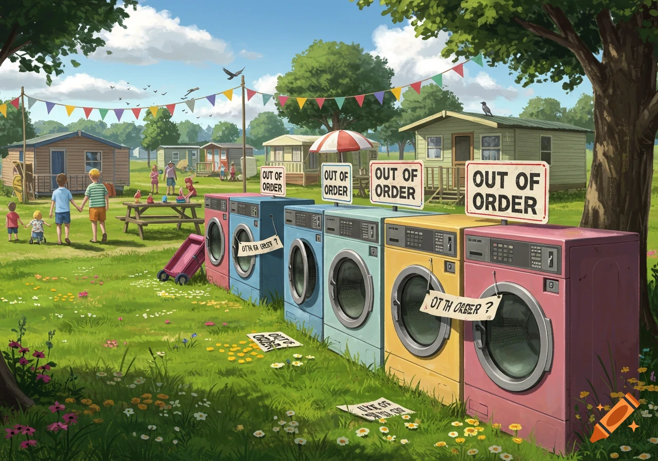A colorful illustration depicts a lively holiday park with children playing, a picnic table, and a row of pastel washing machines, some with "OUT OF ORDER" signs.