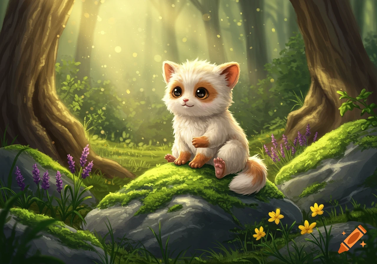 A cute, fluffy white and orange fantasy creature with big eyes sits on a mossy rock in a sunlit forest, surrounded by flowers.