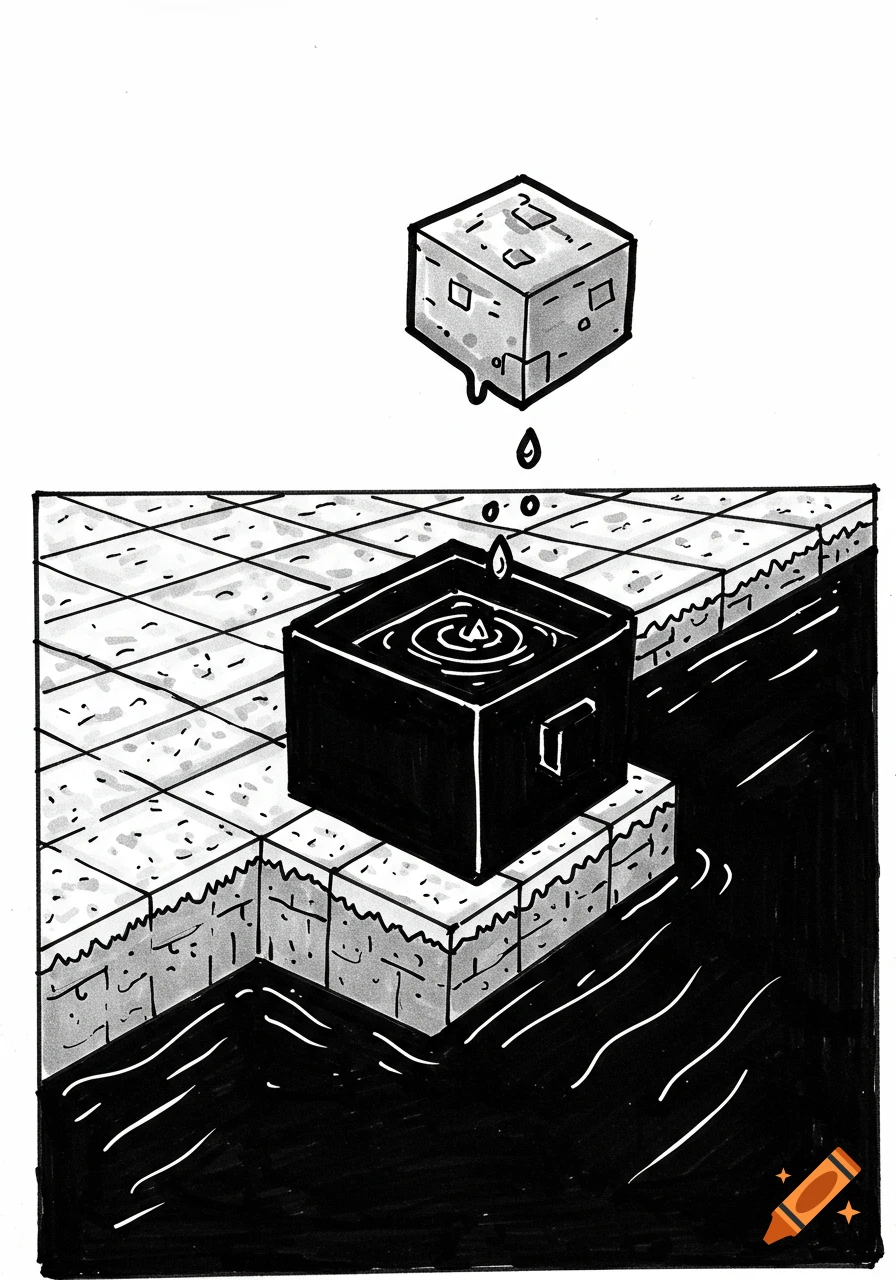 Black marker sketch of Minecraft-style dripstone dripping into a cauldron on an earth block platform by a lake, with ripples.