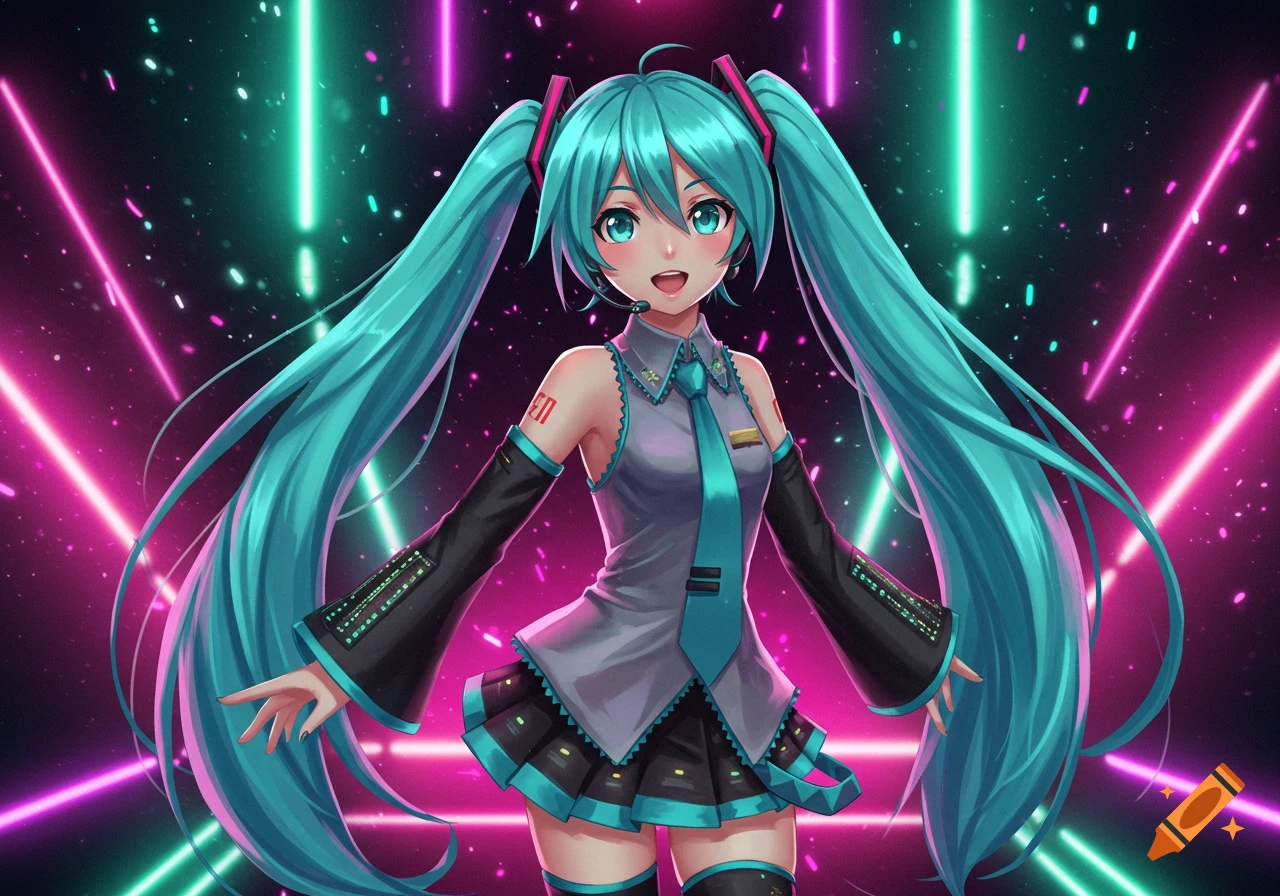 Hatsune Miku, an anime girl with long turquoise pigtails, smiles in a futuristic costume against a neon pink and green background.