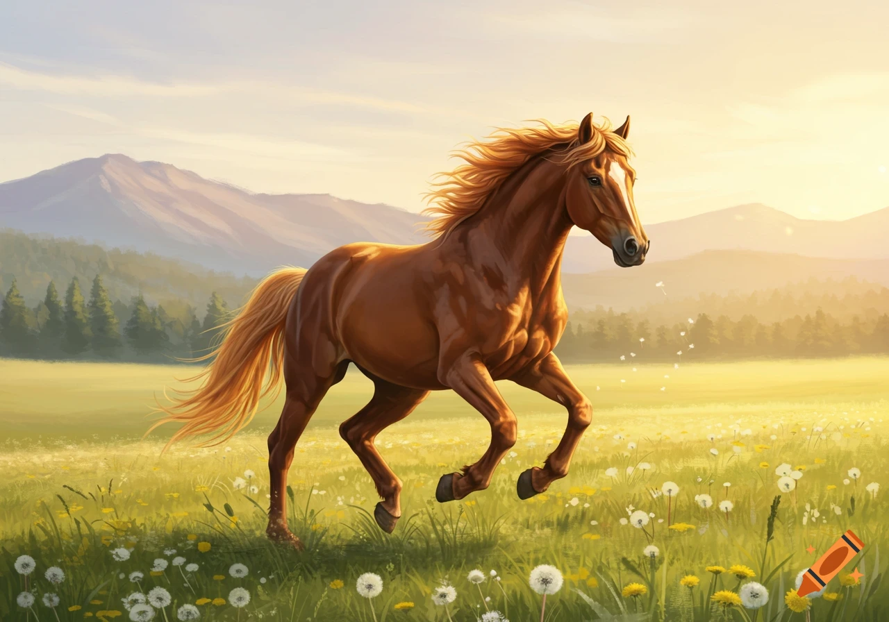 A brown horse with a flowing mane gallops through a sunlit field of green grass and white dandelions, with mountains in the background.