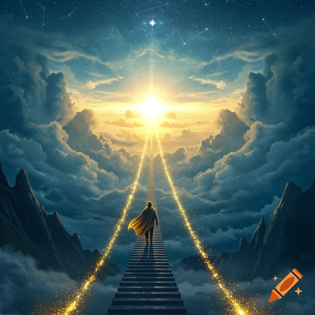 A person in a golden cape walks up a grand, sparkling staircase towards a brilliant sun in a celestial sky with clouds and stars.