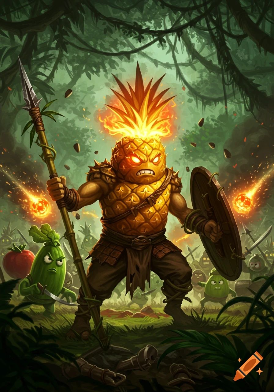 A stylized illustration of Jango, a pineapple warrior with a fiery crown, spear, and shield, battling an army of rogue fruits and vegetables in a vibrant jungle.